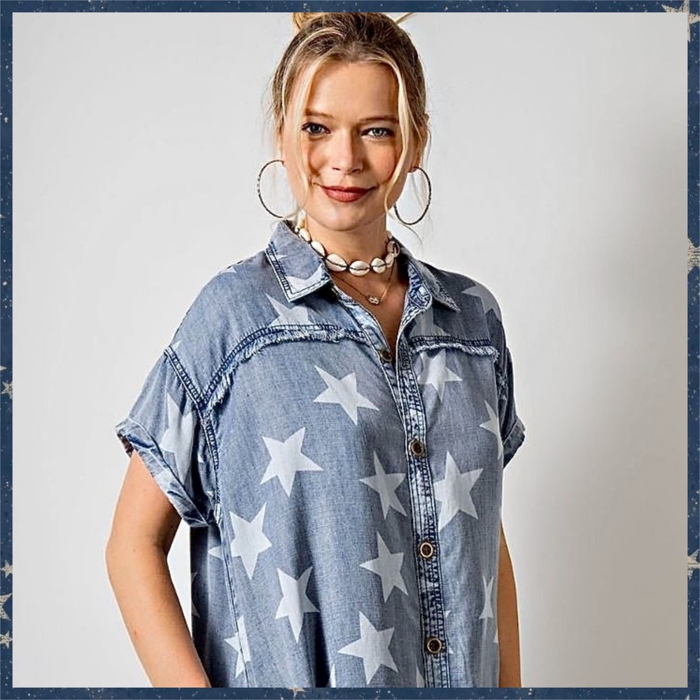 EASEL "Twinkle Star" Lightweight Cotton Denim Shirt Dress Button Up W/ Raw Seams - Picture 3 of 16